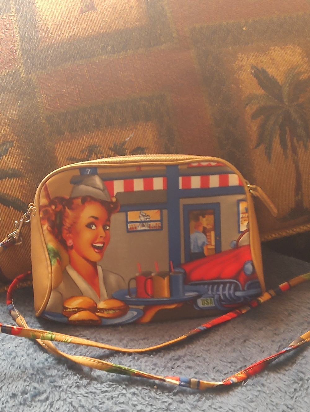Retro Diner Print Women's Crossbody Bag - Beige/Tan - Picture 1 of 7